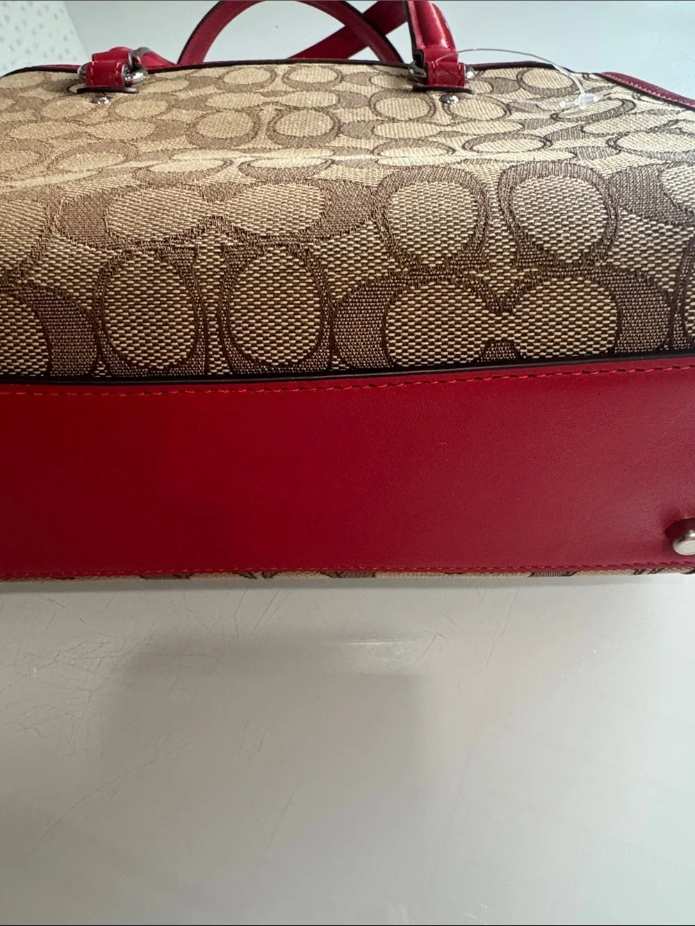 Coach Stanton Carryall Brown Signature Canvas Satchel with Red Trim